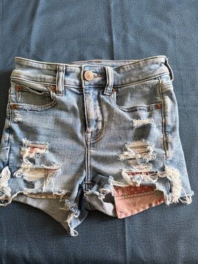 American Eagle Outfitters Light Blue Distressed Denim Shorts with Pink Patch
